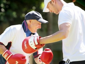 Jockey Shane Scriven undergoes boxing training with personal trainer Josh Mill. Picture: Lisa Clarke Source: The Courier-Mail